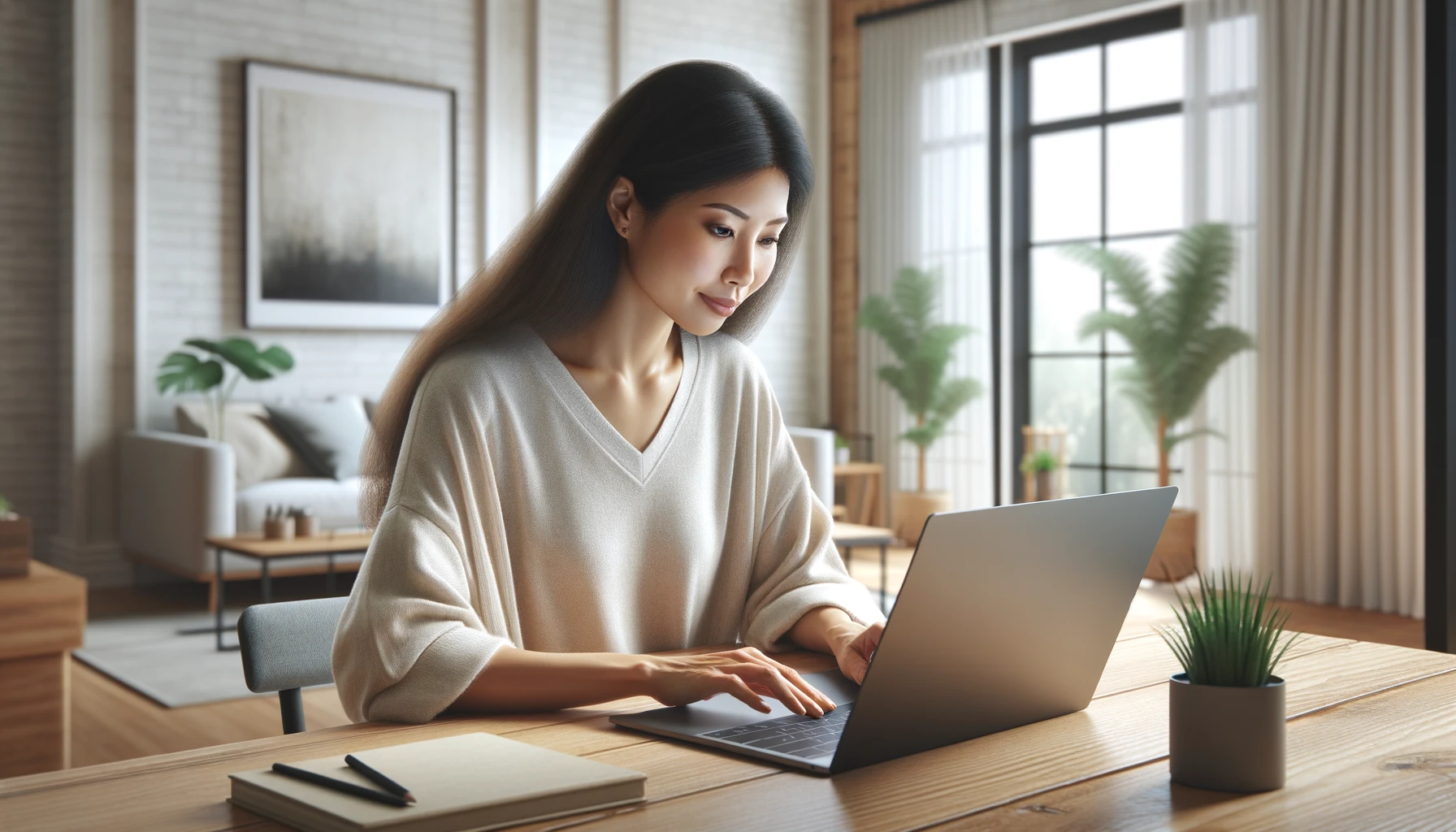 a woman using her laptop at home, sitting at a modern desk in a bright, cozy room. The woman is of Asian descent, wearing casual home attire. 