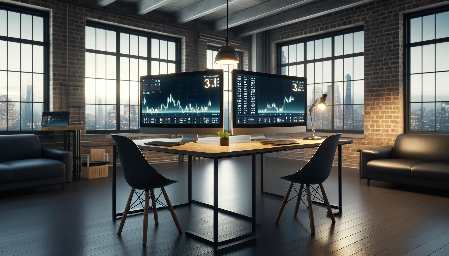 a minimalist cryptocurrency trading station in an urban loft. There is a desk with dual monitors, both showing live cryptocurrency exchange rates and blockchain analytics. 
