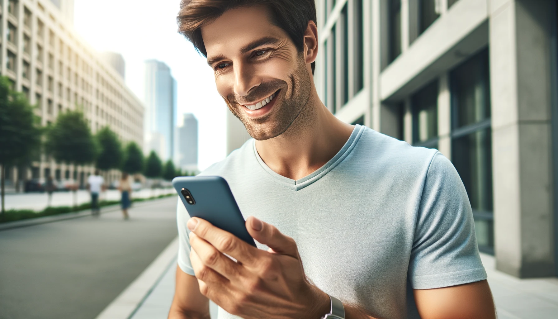 a smiling man using his smartphone, casual attire, in an urban outdoor setting. The man is of Caucasian descent, with short brown hair and wearing a light blue t-shirt.