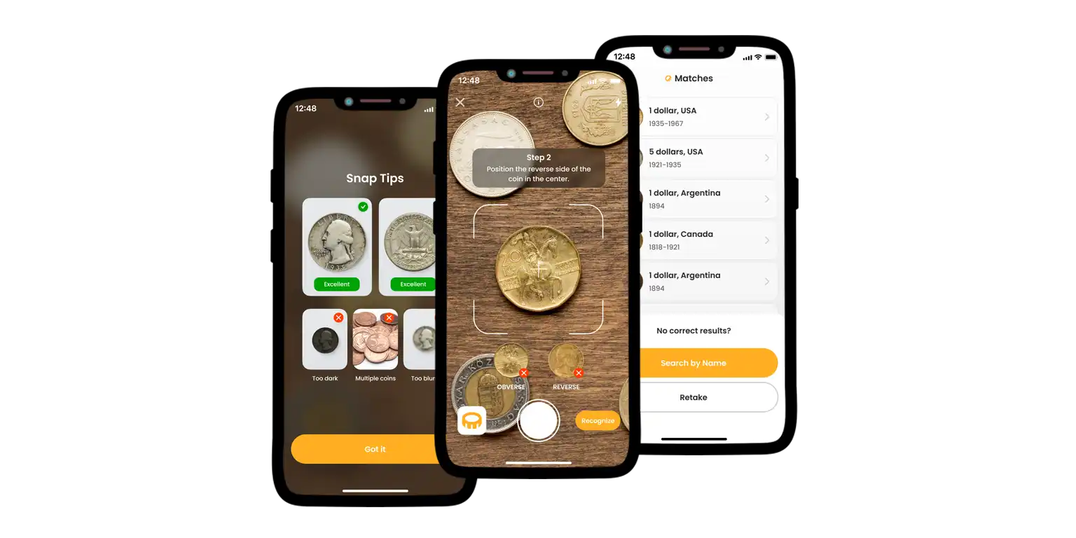 A screenshot from the Coin ID Scanner app showcasing its primary tools and coin identification interface.