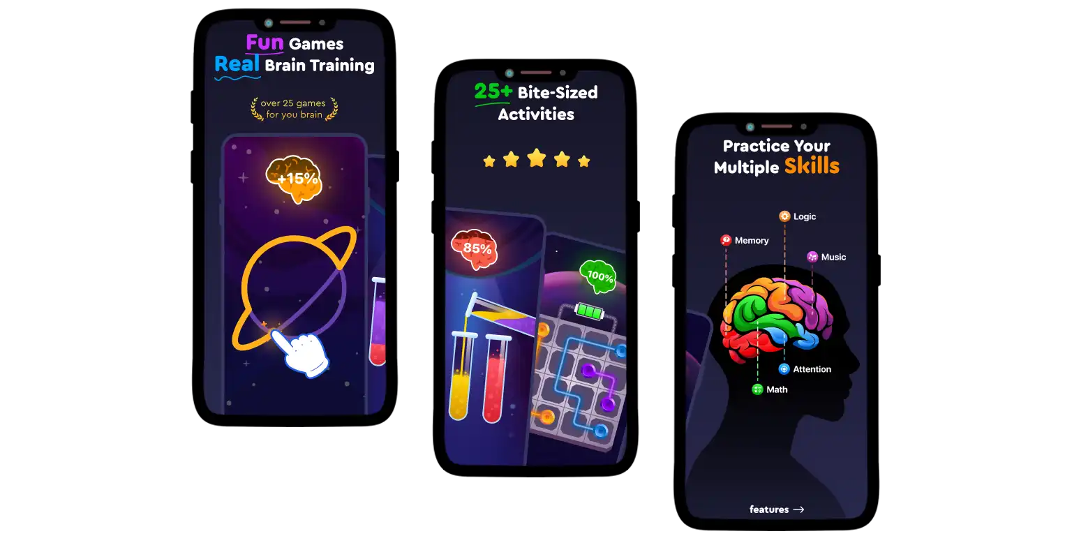 A screenshot illustrating the central features of the Mind Elevate app focused on brain training.