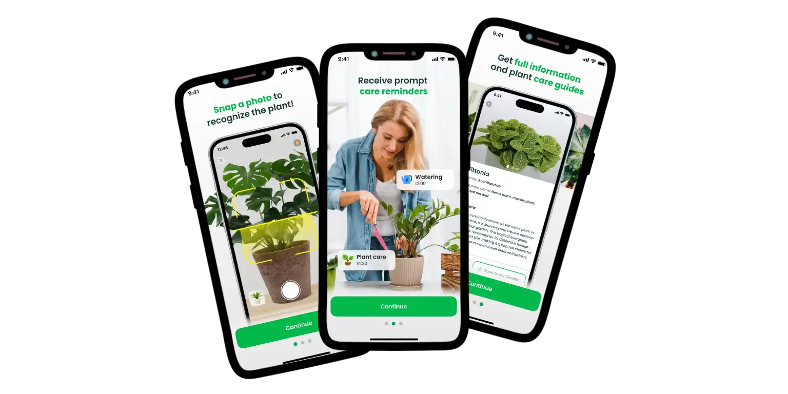 A screenshot of the AI Plant Finder app presenting its main functions for recognizing and learning about plants.