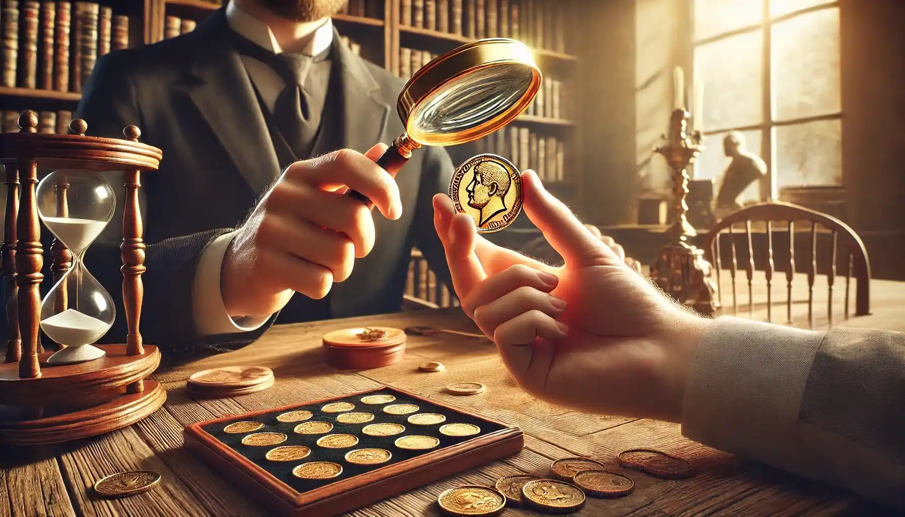 A rare coin collector is examining an antique gold coin under a magnifying glass.