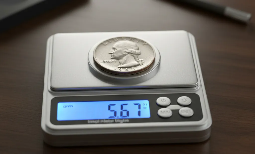 A Washington 1965 quarter is on the scales and weighs 5.67