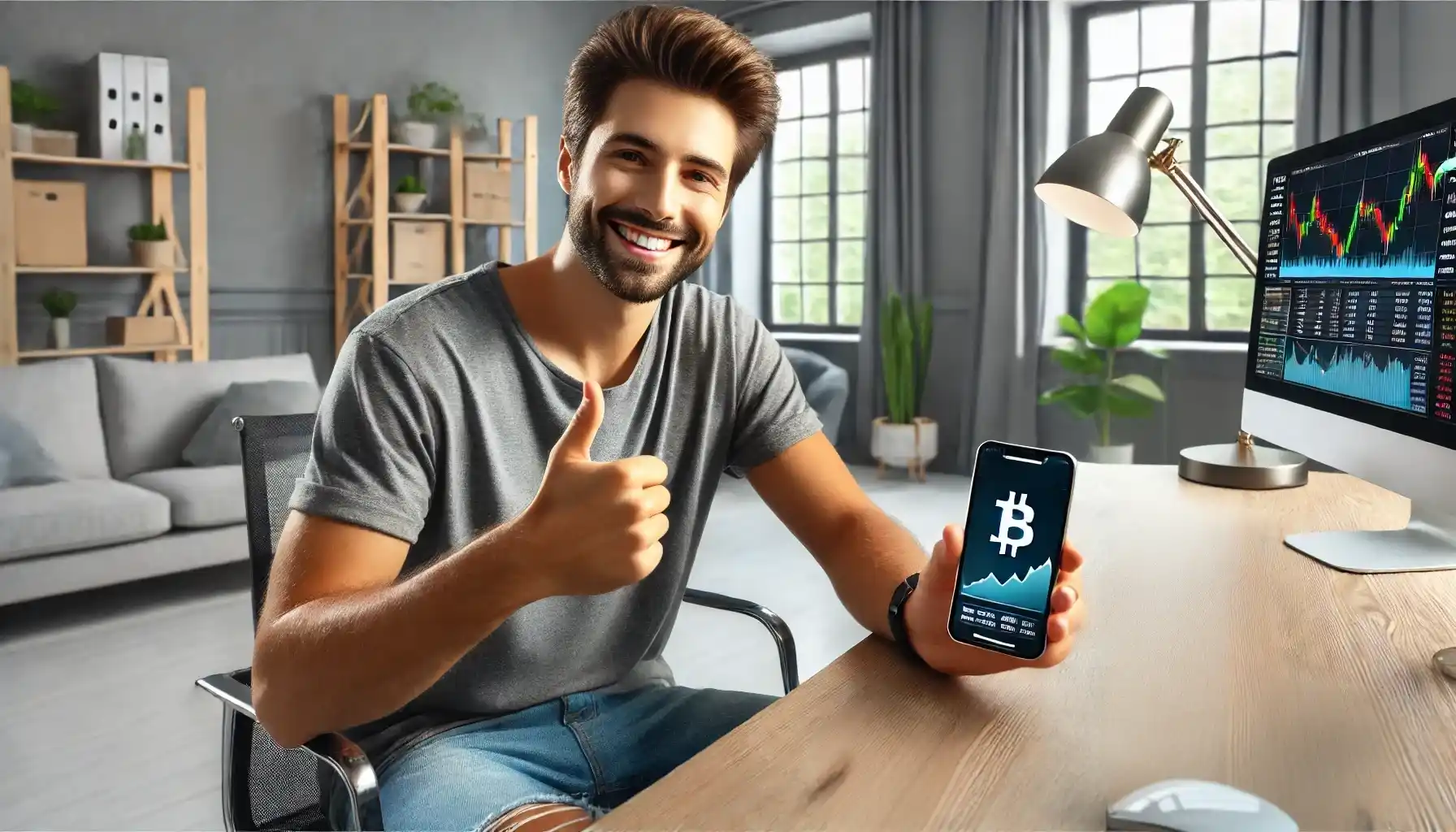 A happy cryptocurrency investor is sitting at a desk in a modern home office. He is holding a smartphone in one hand, displaying a successful investment portfolio.